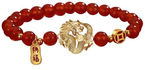 SNXLXUR 2024 Chinesisches Neujahrs-Drachen-Armband, Drachen-Armband, chinesisches Sternzeichen, Feng Shui, Glcksamulett, Stretch-Armbnder, Neujahrsgeschenke fr Frauen, Unisex-Schmuck, Rot, ca. 17cm