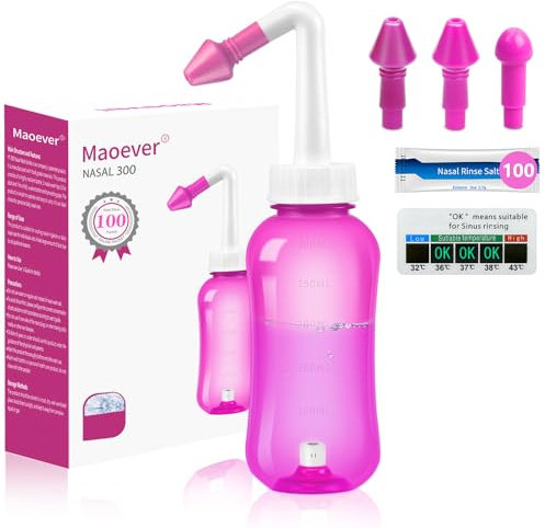 MAOEVER Neti Pot Sinus Rinse Bottle with 100 Nasal Wash Salt Packets Nose Wash Cleaner Pressure Rinse Nasal Irrigation for Adult & Kid BPA Free 300 ML with Sticker Thermometer(Pink)