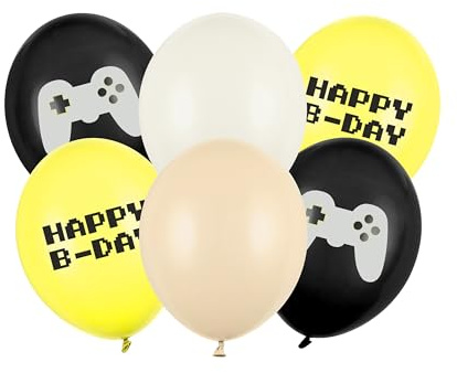 Luftballons Happy Birthday 30cm 6er Set - Gamer Ballons für Helium oder Luft - Latexballons für Geburtstag Kindergeburtstag Junge - Ballonset als Geburtstagsdeko - Schwarz Gelb Creme