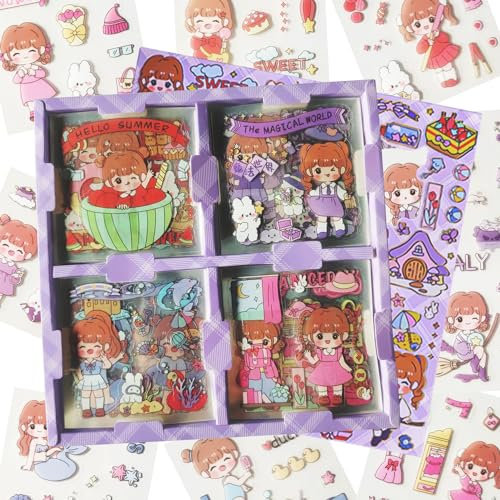 Belugsin 100 Blatt Kawaii Cartoon Mädchen Aufkleber Set Mini Figur Sticker Kawaii Stickers Aesthetic Süße Bullet Journal Aufkleber für DIY Scrapbooking Sticker Zubehör