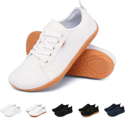 Geweo Barfußschuhe Sneaker Breite Walking Schuhe Barfuss Damen Herren Trail Laufschuhe Minimalistische Fitness Knit Unisex Weit rutschfest Zehenschuhe Zero Drop Solhe Freizeit Weiß Braune 41EU
