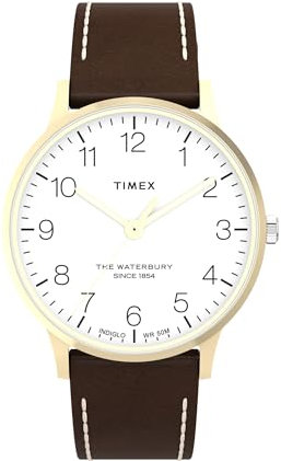 Timex Waterbury Herren-Armbanduhr, 40 mm, braunes, zweiteiliges Lederarmband mit Schnellverschluss, weißes Zifferblatt, goldfarbenes Gehäuse TW2W84400