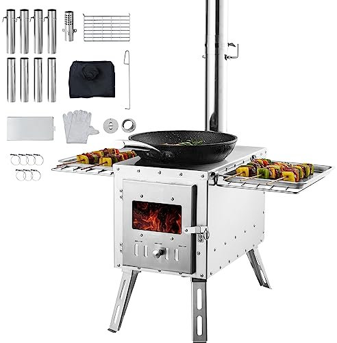 VEVOR Wood Stove, 86 inch, Stainless Steel Camping Tent Stove, Portable Wood Burning Stove with Chimney Pipes & Gloves, 1646in³Firebox Hot Tent Stove for Outdoor Cooking and Heating with 8 Pipes
