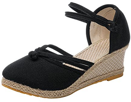 Generisch Damen Sandalen Wedges Espadrilles Frauen Schnalle Leinen Sandalen Plattform Keilsandalen Mode Vielseitige geflochtene Schnalle Atmungsaktive Keilsandalen Damen Sandalen Mit Absatz