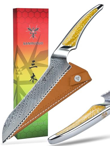 SANMUZUO 21CM Brotmesser mit Wellenschliff, Küchenmesser aus Japanischem VG-10-Damaststahl, ultrascharfes Brotschneidemesser mit Ergonomischer Griff aus Gelb Harz, Serie LA-S9