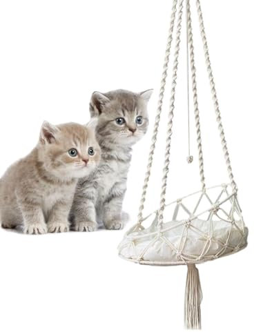 Furtryvl Makramee-Katzenhängematte, Boho Makramee Katzenschaukel Hängematte, Quaste Makramee hängende Katzenhängematte, Katzen-Hängematte, Handgewebtes Katzenschaukelbett Hauskatzen für Innenfenster