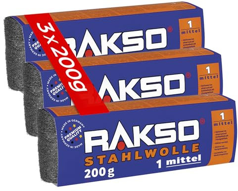 RAKSO Stahlwolle mittel 1-600 g, 3 Banderolen à 200g, glättet Holzoberflächen, entfernt alten Lack v. Antikmöbeln, säubert Hartgummiböden