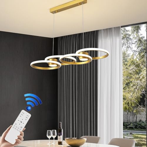 VTAMng LED Pendelleuchte Moderne Deckenleuchte aus Aluminium höhenverstellbar 80W Kronleuchter Restaurant Leuchte Tischplatte mit Fernbedienung Dimmfunktion geeignet für Wohnzimmer Kücheninsel(Gold)