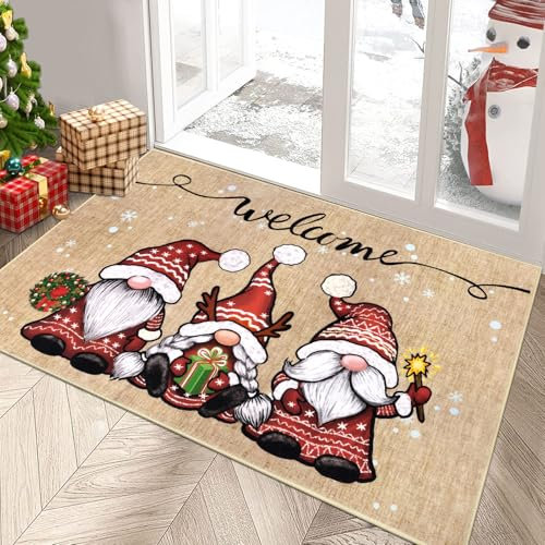 Enyhom Weihnachten Fußmatte Türmatten 80 x 120 cm, Dekor Gnomes Fußmatten Haustür rutschfest Waschbar Eingangsmatte Innen Außen Schmutzfang Teppich für Flur, Eingang, Küche, Wohnzimmer,Schlafzimmer