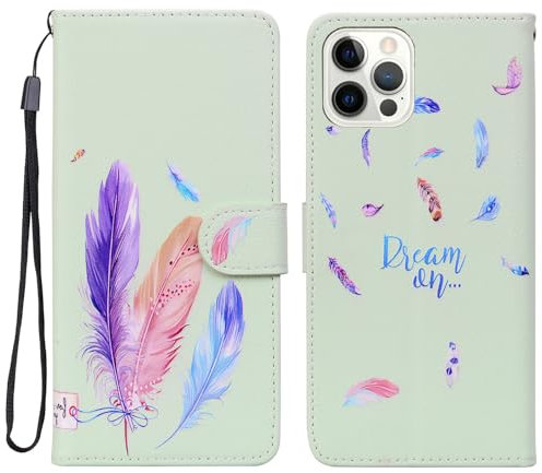 Tiyoo Case for iPhone 11 Pro, Bright Colorful PU Leather iPhone 11Pro Phone Case with Feathers Pattern, Card Slots & Magnetic Closure, Green