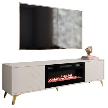 Mirjan24 TV Lowboard Xylix 2D EF mit Elektrischem Kamin, Fernsehschrank, Fernsehtisch, Unterschrank, Realistische LED-Flamme, Mit Deko-Kristallen, Board, Schrank, TV-Bank (Sandbeige)