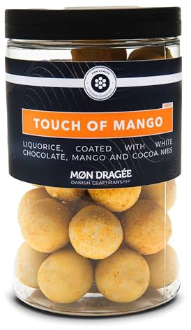 Mon Dragée Dänische Lakritz Kugeln, Touch of Mango 250g, Überzogen mit Weißer Schokolade, Mango und Kakaonibs, Glutenfreie Spezialität, Pralinen Geschenk für Liebhaber besonderer Süßigkeiten
