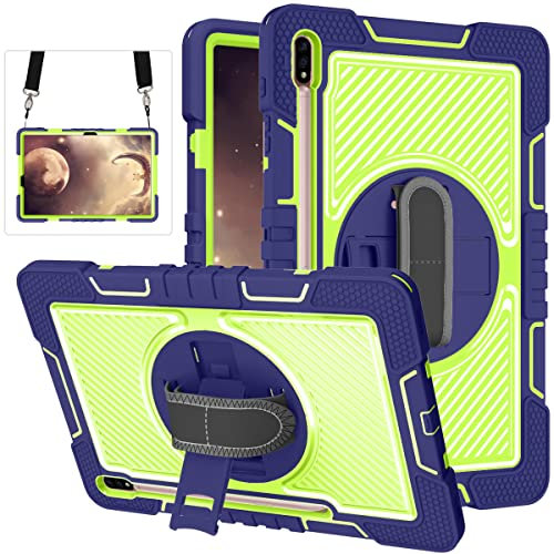 ERDARARIPRO Custodia per tablet Samsung Galaxy Tab S7 Plus/Tab S7 FE, custodia antiurto con supporto girevole a 360° e cinturino da polso, tracolla blu navy e giallo verde