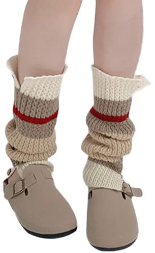 EMOTTOS Damen Rippenstrick Stulpen 1 Paar, Gestrickt Beinstulpen Legwarmer mit Kontrastgestreift, Ballett Stulpen Leg Warmers Stricken Beinwärmer für Mädchen, Einheitsgröße, Beige