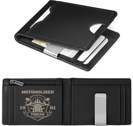 Maverton Slim Wallet mit Münzfach - personalisierte Geldbörse Herren aus echtem Rindsleder - schwarz glatt - Geschenke für Männer - Kartenetui für LKW- und Motorradfahrer