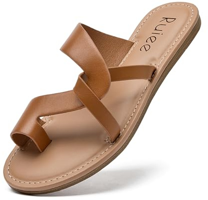 Ruiee Women's Flat Slides Sandals,Flip Flop Thong Summer Cool Beach Shoes Slip On Strapy Sandal for Women.22003 Brown PU Size8