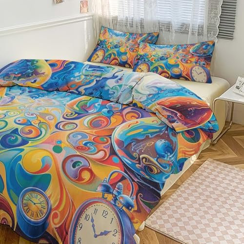 QMNVBDS Wende-Bettwäsche-Set mit Uhr und Sanduhr, Queen-Size-Bett, für alle Jahreszeiten, 3-teiliges Bettwäsche-Set mit 2 Kissenbezügen, 200,7 x 228,6 cm