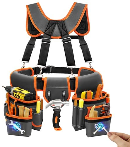 Tool Belt, Professional Tool Belts for Men, Magnetic Tool Pouch With Suspenders, Heavy Duty Detachable Adjustable Utility Belt Work Bags for Electrician, Carpenter (Gray and Orange, 32''-66'')