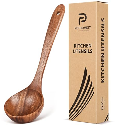 PETHOMKIT Wooden Soup Ladle Spoons for Cooking Serving, Teak Wood, 10.6