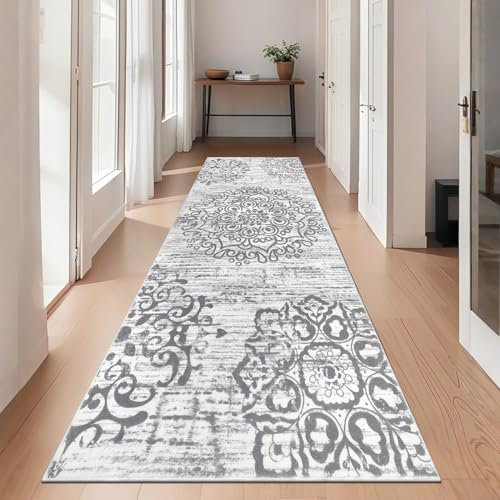 SHACOS Kurzflor Teppich Läufer Flur 80x200 cm Grau Flurteppich Läufer Lang Flauschiger Teppichläufer Flur rutschfest, Küchenteppich Waschbar, Langer Teppich Läufer für Flur, Küche, Schlafzimmer