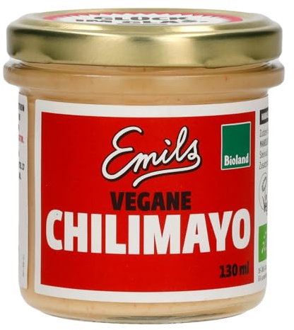 Emils Vegane Bio Chili Mayo 130 ml | cremig durch Mandeln statt Ei, ohne Verdickungsmittel, null Zusatzstoffe - zu Pommes, Burgern, Dips & Grillabenden