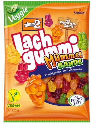 nimm2 Lachgummi Mümmelbande, vegane Fruchtgummis - 1 x 225 g | Fruchtgummis in 6 Sorten mit Frucht- & Karottensaft, Süßigkeit zum Naschen & Teilen für die ganze Familie, vegan