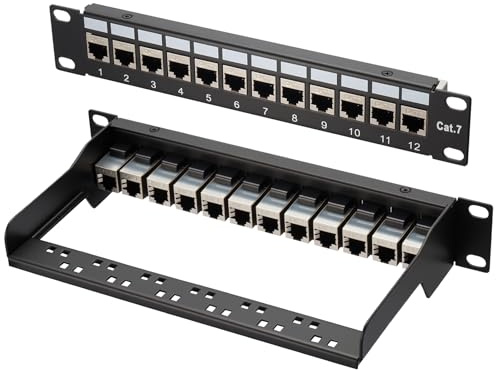 Patch Panel Cat 7, 1U 12 Port, 10-Inch Keystone Patch Panel, LSA Distribution Panel, RJ45 Shielded Keystone Coupler, Compatible with Cat 7/6A/6/5e and Cat5 Network Cables, for Gigabit Network Switch