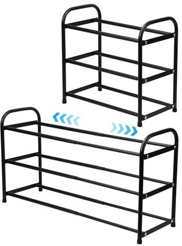 Fjquamitix 3 Tier Expandable Shoe Rack, Small Shoe Storage Organiser, Black Metal Rack for Hallway, Bedroom,Quick Assembly