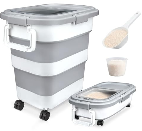Komzon Rice Storage Container, Collapsible Airtight 10-40 Lb Rice Storage Container, 25lb Pet Dog Food Storage Container, Rice Dispenser Bin with Cup and Scoop for Flour Cereal Pasta Grain, Cat Bird