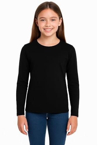 Girls Long Sleeve T Shirt Plain Crew Neck School Casual Everyday Top | Lightweight Stretchy Activewear Layering Garment Comfortable Apparel