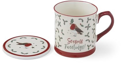 Cooksmart Christmas Robins Retreat Tankard Mug & Coaster Set | Large Ceramic Coffee Mug with Festive Robin Design & Matching Coaster |Gift Set for Home, Office & Special Occasions