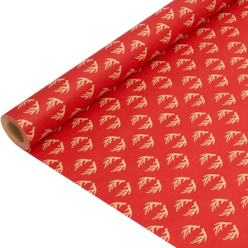 Rouleau de papier cadeau pour Noël : Papier kraft recyclable rouge à motif de bois de cerf - 43 cm x 15 m