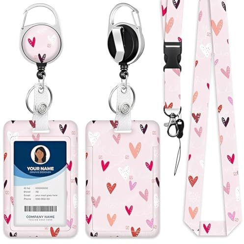 DIFLAX Porte Badge, Tour De Cou Infirmiere, Tour De Cou Badge, Porte Badge Tour De Cou, 3-Tlg Rosa Herz-Porte Badge Set Mit Enrouleur Badge, Karabiner, Für Arbeiter, Infirmières, Enseignants, Élèves