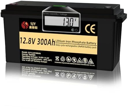 SaiJiaoYang Batteria al Litio 12V 300Ah LifePO4, 3480Wh 10000 Cicli Batteria LiFePO4 di Classe A con LCD e 200A BMS Ideale per Off-Grid, Camper, Sistema Solare, Barca, Camper