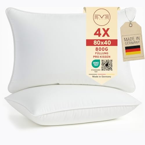 EVE Textile® Kissen Kopfkissen Öko-Tex 100 Füllkissen Innenkissen Dekokissen Sofakissen Kisseninlett, Allergiker Bettkissen, Schlafkissen Atmungsaktiv 60° Waschbar (c) 4er Set, 40 x 80 cm
