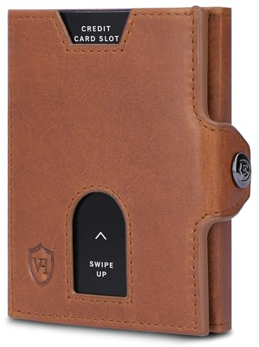 VON HEESEN Slim Wallet mit XXL Münzfach & RFID-Schutz - Leder Geldbeutel - Mini Geldbörse für Herren und Damen - Kartenetui Echtleder Karten Portemonnaie klein - Kreditkartenetui Cognac (Waxy)