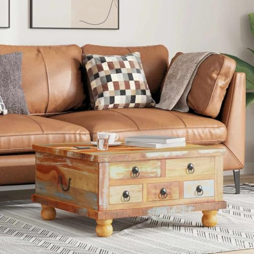 Hoopleep Industrial Reclaimed Wood Coffee Table, 70x70x38 cm Square Living Room Center Table with 5 Storage Drawers & Large Compartment, Handcrafted Solid Hardwood Accent Furniture