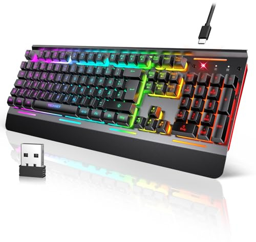 TECKNET Gaming-Tastatur Kabellos, QWERTZ-Tastatur, Deutsches Layout | 105 Tasten, Vollmetall-Pane, Leise Tasten, RGB Beleuchtung, Handgelenkauflage, 25 Anti-Ghosting-Tasten für Gamer & Büro