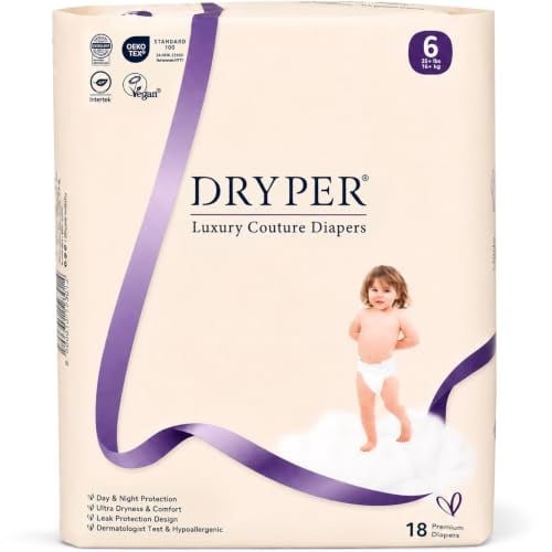 Baby Nappies Size 6 DRYPER 18ct Oeko-TEX Hypoallergenic Soft Diapers 16kg+ | Day & Night Vegan Ultra-Dry Diapers, High Absorbency Lock, 55% Ultra-Thin Eco Core, Superior Flexi-Fit Comfort for 16kg+.