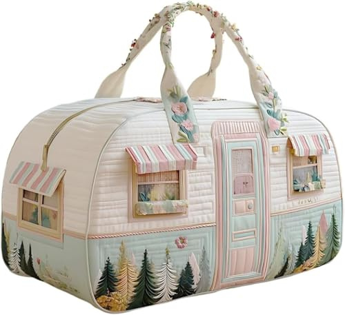 Vagbalena Bolso de viaje acolchado Cozy Camper, estilo bohemio vintage con estampado floral vibrante, bolso de lona para viaje, mochila espaciosa y acolchada para fin de semana.