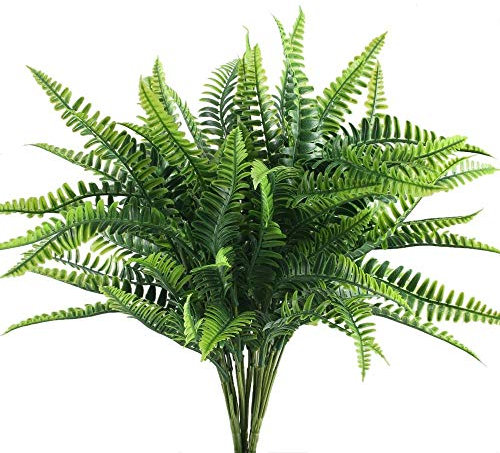 NAHUAA 4Pcs Artificial Fern Outdoor Faux Plants Fake Boston Fern Plants Plastic Greenery Bushes Shrubs for Patio Basket Pot Hanging Garden Planter Indoor Outdoor Filler Home Kitchen Table Decor
