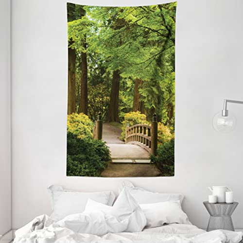 ABAKUHAUS Wald Wandteppich und Tagesdecke, Hölzerne Brücke über Teich aus Weiches Mikrofaser Stoff Waschbar ohne Verblassen Digitaldruck, 140 x 230 cm, Grün Braun