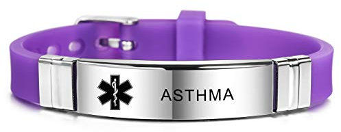 MOWOM Medical SOS Notfall Armband Personalisiertes Gravur Silikon Edelstahl Namensarmband Männer Damen Jungen Mädchen - Bündel mit Notfallkarte, Kartenhülle (Lila Asthma)