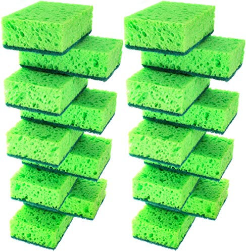 Okleen Green Multi Use Scrub Sponge. Made in Europe. 18 Pk, 4.3x2.8x1.4 inches. Odorless Heavy Duty and Non Scratch Fiber. Thick, Durable and Delicate Scrubber for Pans, Bowls, Jars, Sink, Floor