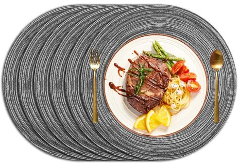 wiipara 6er Set Baumwolle Tischsets Abwaschbar, 38cm Platzsets Rund Geflochtene Platzdeckchen Platzset Rund Tischuntersetzer Platzteller Hitzebeständig für Küche Speisetisch Hochzeit - Platzset Grau