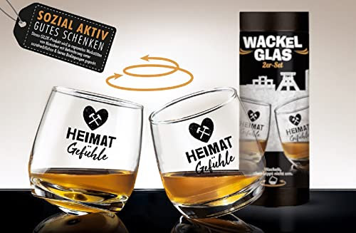 GILDE - 44269-2er Set Wackelglas Heimat Gefühle 2 Gläser in einer Zylinderbox mit Banderole, Glas: H 8,5cm D 7,5cm Füllmenge ca. 200ml, spülmaschinenfest