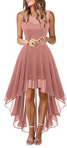 Onsoyours Robe de Cocktail Femme Longue Robes Soirée en Dentelle Mousseline de Soie Robes Chic Elégant sans Manches Sexy Robe Asymétrique B Rose S