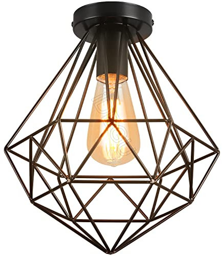 iDEGU Vintage-Deckenleuchte, Ø 250 mm, Metall, Käfig, Industrielle Hängeleuchte, Diamantform, Retro, E27, Deckenleuchte, für Schlafzimmer, Café, Bar, Gastronomie, Küche (Schwarz – 25 cm)