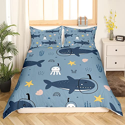 Homewish Niedliches Hai Bettwäsche Set 135x200 Kinder Teenager Cartoon Ozean Thema Bettbezug Jungen Mädchen Quallen Seesterne Bettbezug Algen Muschel Bettwäsche Set Kawaii Meer Schlafzimmer Dekor