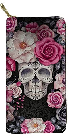 Biyejit Geldbörse mit rosa Totenkopf-Motiv, für Damen, Reißverschluss, Clutch, lange Geldbörse, Kreditkartenetui